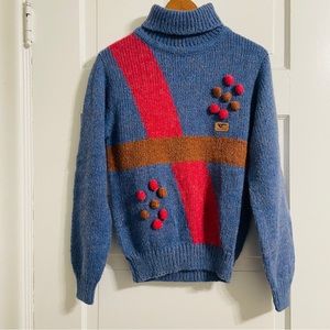 Vintage Swimate European Blue Turtleneck Pom Bobble Purple Blue Sweater